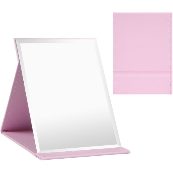 Fällbar PU-läder bordsmakeup spegel bärbar med stativ bärbar resespegel rosa 25*17,2 cm