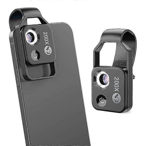 200X Mobiltelefon Mikroskop Tilbehør med CPL Linse, Bærbar Mini Digitalt Mikroskop med LED Lys/Universal Klips