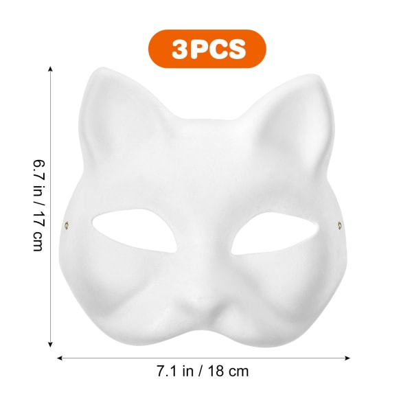 3 st kattmasker vita pappers tomma handmålade ansiktsmasker DIY omålade djur halv ansiktsmasker för födelsedagsfesttillbehör