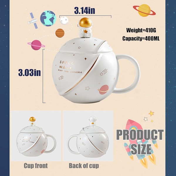Söpö keraaminen avaruusmuki, kawaii, astronautti kahvikuppi, 400 ml (valkoinen) White