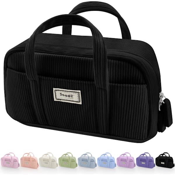 Stor pennfodral, extra stort pennfodral med 5 fack, pennfodral med bred öppning, mjuk manchester pennfodral organizer med dragkedja-beige black
