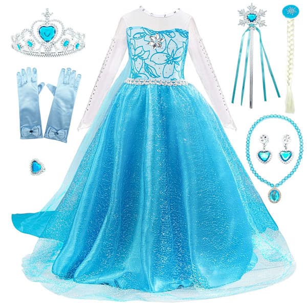 Elsa prinsessklänning + tiara/fläta/handskar - 110 cl