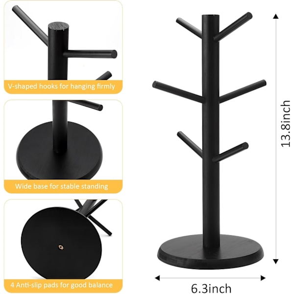 Kaffekrus Holder med 6 Kroge, Krusholder Stativ Kaffekrus Holder Sort Bambus Kopholder med Forstærket Base, Krusholder, Kaffekopholder, (Sort)