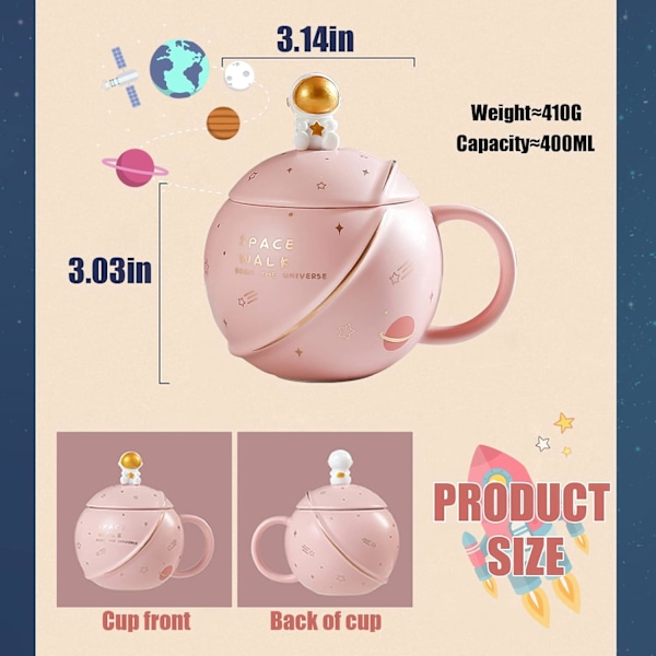 Söpö keraaminen avaruusmuki, kawaii, astronautti kahvikuppi, 400 ml (valkoinen) Pink
