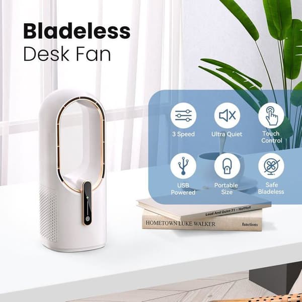 Bladeless bordventilator, 11,8 tommer, 3 hastigheder, touch-kontrol, nem rengøring.