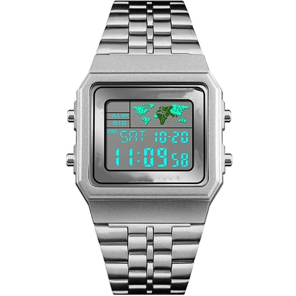Digital klocka för män Stoppur Band Alarm Världstid Datum Vecka Metall Armband Utomhus Business Klocka