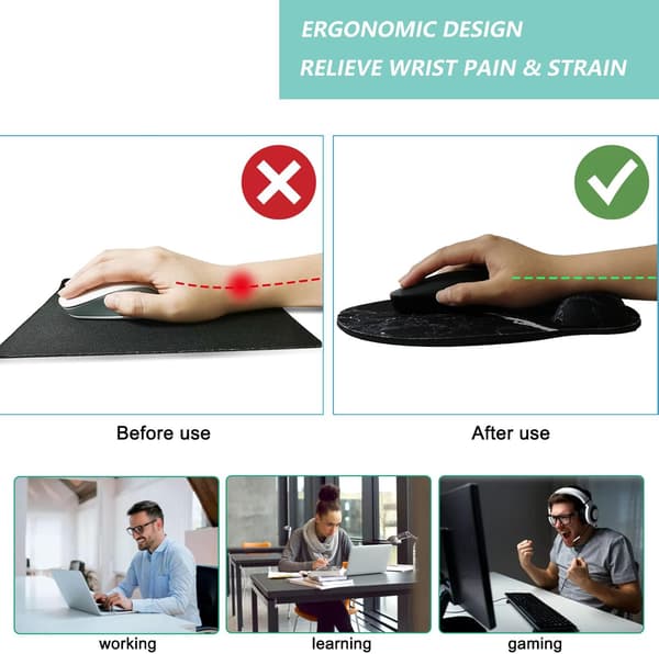 Musemåtte med håndledsstøtte, ergonomisk musemåtte med memory foam håndledsstøtte, skridsikker gummibase gaming musemåtte til hjemmet