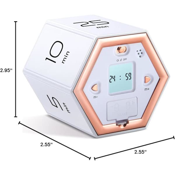 Sekskantet flipptimer med stille- og alarmfunksjon. Enkel å bruke. Pomodoro-timer og klassetimer - hvit.