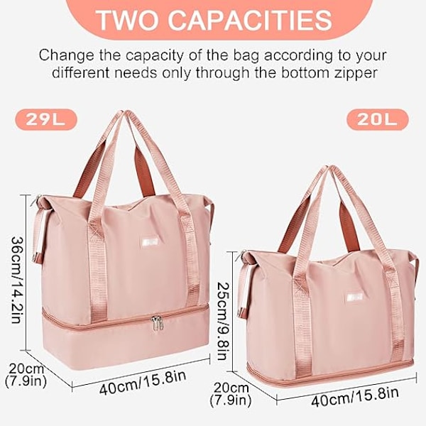 Resväska Duffelbag, 29L Weekendväska med Trolley-fäste, Torr & Våt Separerad Sport Gymväska Vattentät Väska Kabinväska Pink
