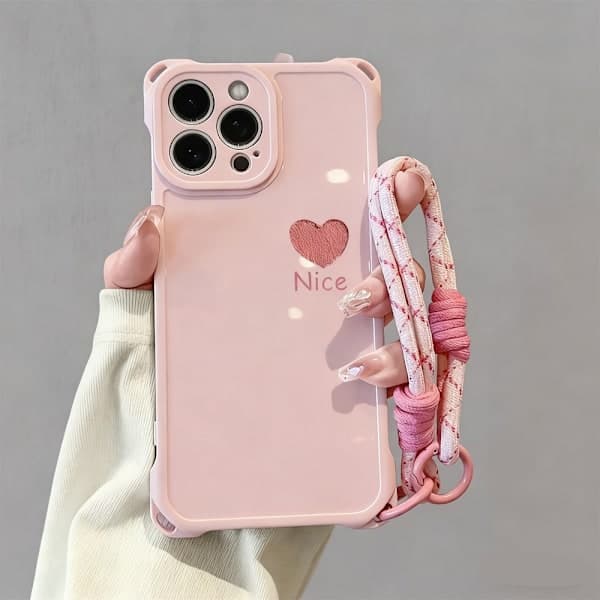 iPhone 16 Pro mobildeksel med snor, rosa