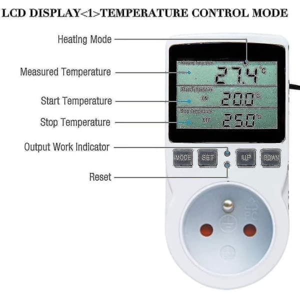 Digital termostat til opvarmning/køling med stik, LCD temperaturregulator, 230V til drivhus temperaturregulator (stik)
