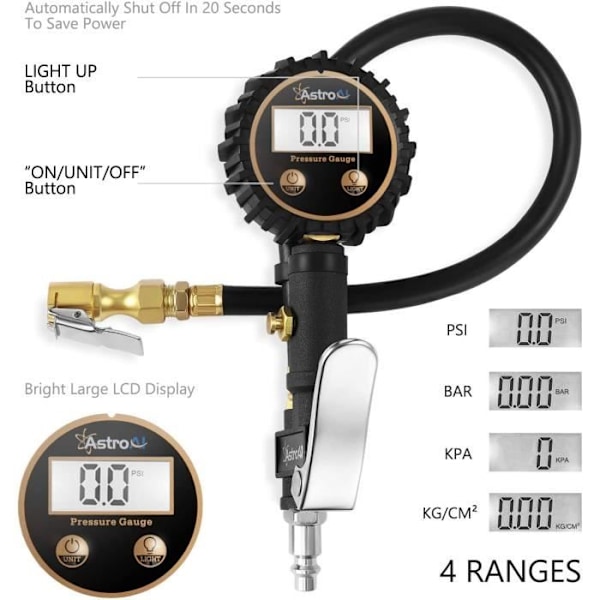 Trykmåler - Auto - 200Psi - LCD-display - 4 trykenheder - Område 3-200PSI