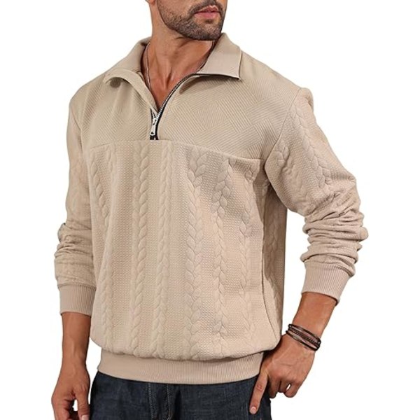 Halv dragkedja tröjor för män stickad pullover jumper långärmad jacquard tröjor khaki