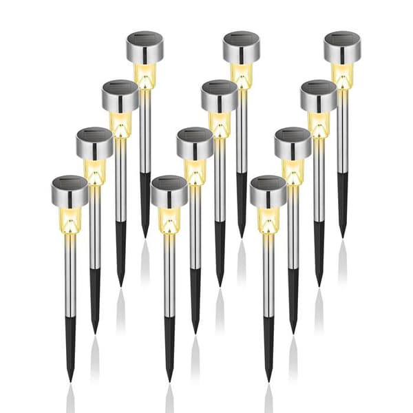 Sæt med 12 udendørs LED-solcellelamper varm hvid IP65 – til nedstikning, rustfrit stål/ABS, 8 timers driftstid