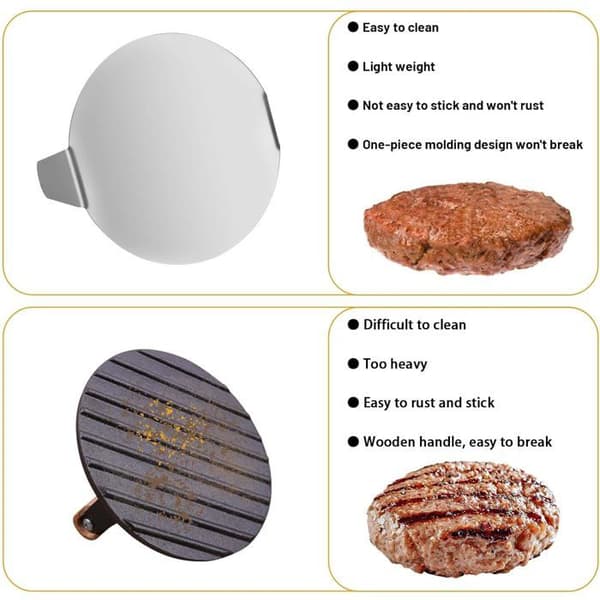Hamburgerpress i 304 rostfritt stål, rund Smash Burger Press, press för köttfärs, non-stick köttpress
