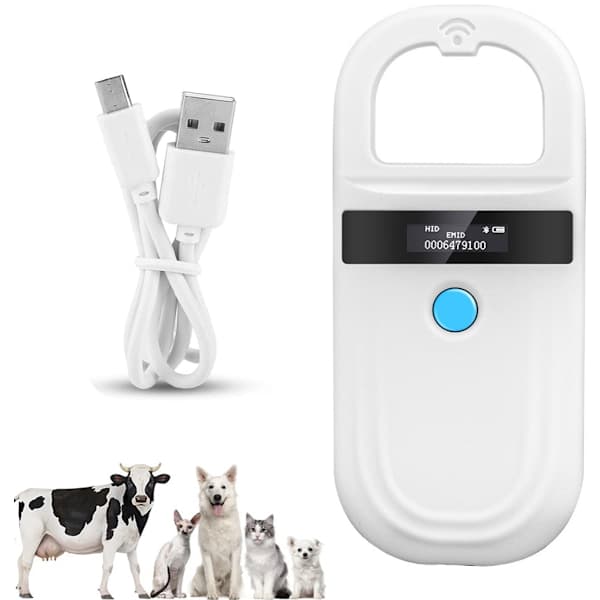 Husdjursspecifik Bluetooth RFID-chipavläsare - USB-laddning - Trådlös - Stöder FDX-B och EMID - 134,2KHz/125KHz OLED-skärm - Vit