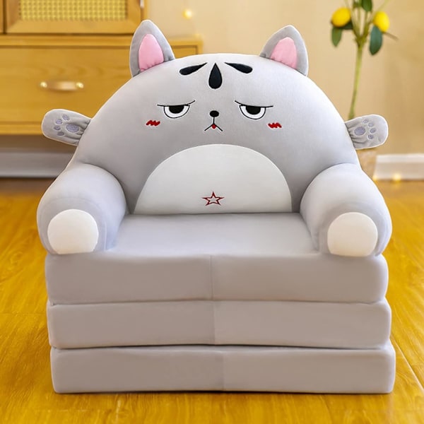 IQYU Stiftung Warentest Barnstol, fåtölj, soffa, kudde, plysch, hopfällbar, med ryggstöd, 2 i 1, hopfällbar barnsoffa, (AD, One Size) Raise your hand cat style