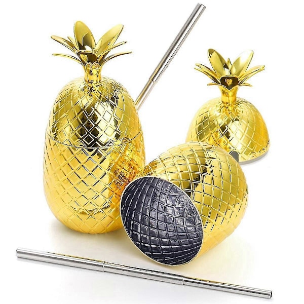2 Pak Ananas Drikkekopper, 450ml Guld Ananas Med Strækbar Halm, Hawaiiansk Luau Party Kopper
