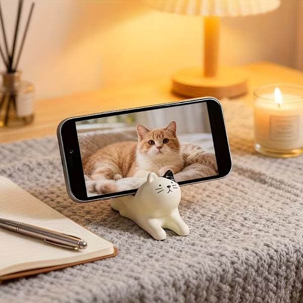 Utdragbar kattfigur, mönstrat telefonställ i form av en katt svart
