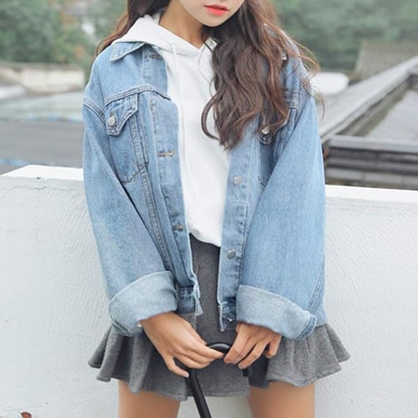 Oversized denimjakke for kvinner jenter langermet boyfriend jeansjakker løs jakke