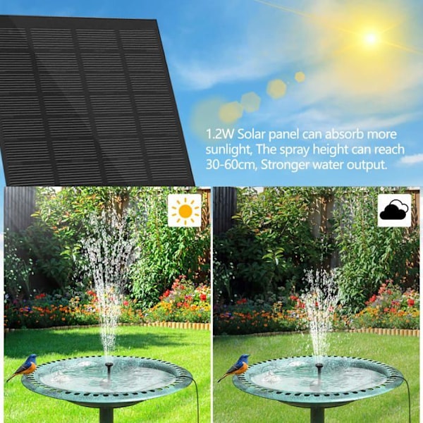 Solarfontene, utendørs hage solarfontene med 1,2W solarvannfontene, rund utendørs flytende fontene