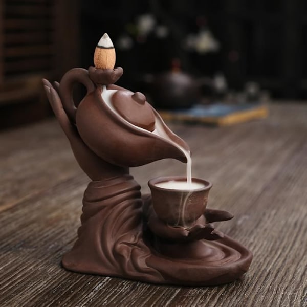 Keramisk Røkelsesholder med Tilbakestrømning - Buddha Håndformet Hengende Røkelsesbrenner - for Kontor, Yogarom og Hjem Pot suspendu bergamote marron