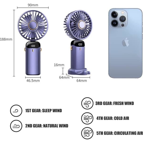 Bærbar ventilator, USB genopladelig, 5 hastigheder, foldbar, med LED-skærm (blå)