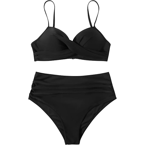 Högmidjad Bikini Set Push Up Bikini Överdel med Tummy Control Bikini Halterneck Bygel Vadderad Bikini 2 Delar