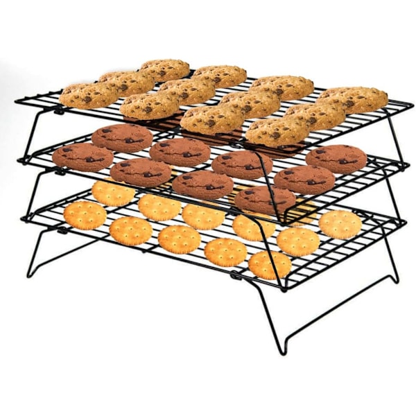 3-lags kjølerist, sammenleggbar non-stick kakerist i rustfritt stål for paier, bakverk, hjemmebaking, bryllupsfest 40 cm x 25,5 cm (svart 3-lags)