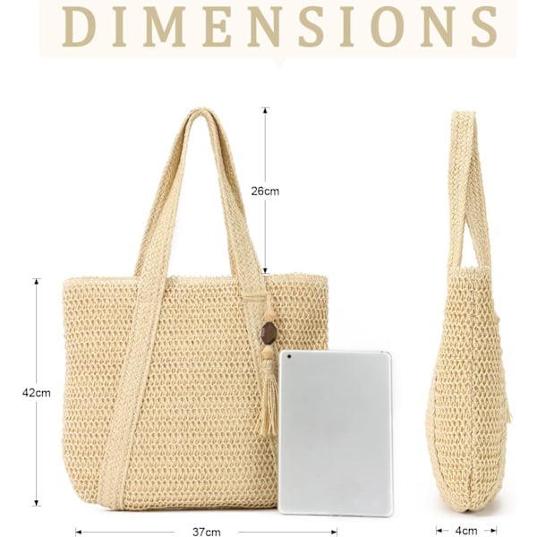 Skuldertasker i strå til kvinder piger Stråtasker Sommer Shoppers Vævet stråtaske til strandferie rejser Beige 02