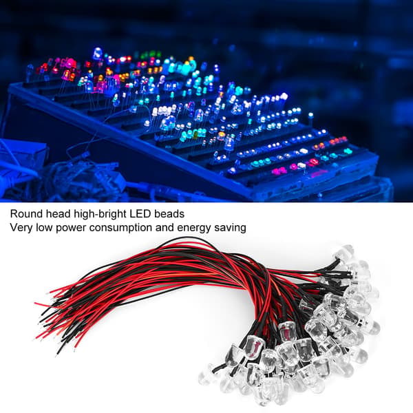 50 kpl LED-diodeja johdotuksella, 12V, 10 mm pyöreä, punainen