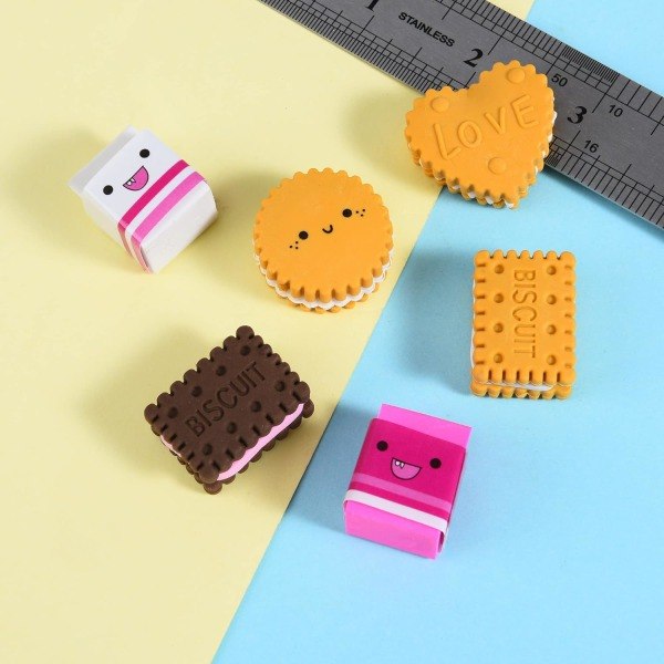 Kiks Viskelæder til Børn, 12 Stykker 3D Sød Mad Puzzle Mini Kiks Viskelæder, Sejt Sjovt Adskilleligt Skrivebord Dyr Viskelæder til Piger