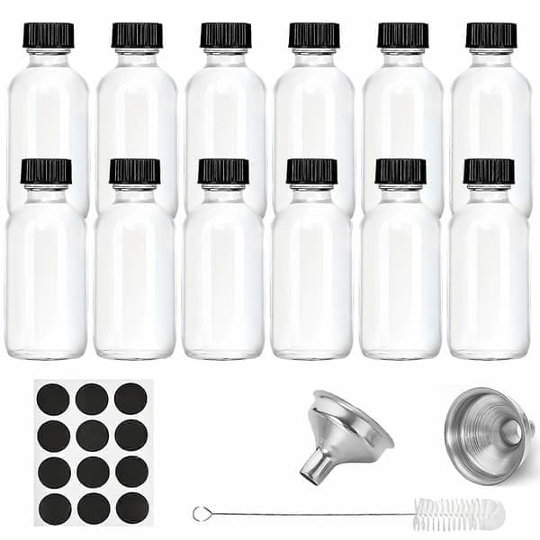 12 st glasflaskor med lock och 2 trattar i rostfritt stål 60 ml, små transparenta flaskor för dryck, juice, hälsa, ingefärsshots