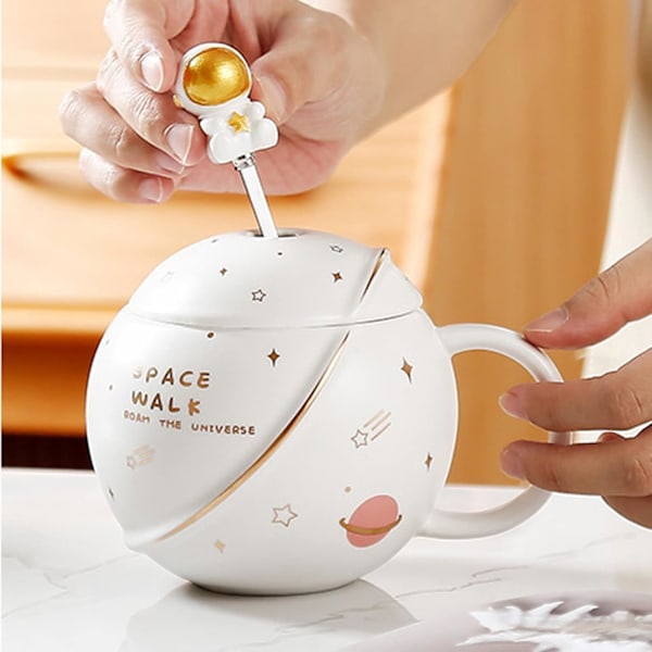 Söpö keraaminen avaruusmuki, kawaii, astronautti kahvikuppi, 400 ml (valkoinen) White