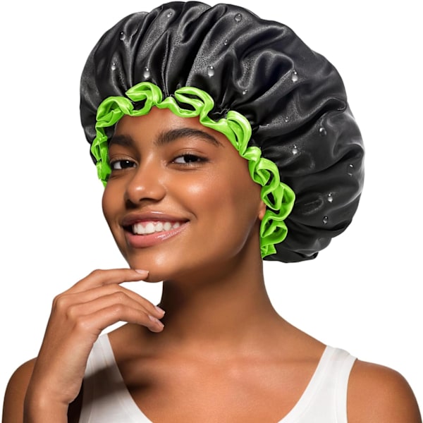 Svart duschmössa 1-pack, återanvändbar dubbla lager vattentät bad-duschmössa med mjukt bekvämt PEVA-foder, stretchig duschmössa Black+Green