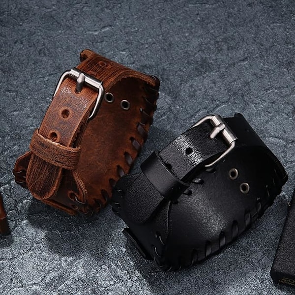 Brunt Vikingarmband - Justerbart Nordisk Kompass Amulettarmband, Hedniskt Keltiskt Talisman Smycke, 18 till 22,5 cm, Läder