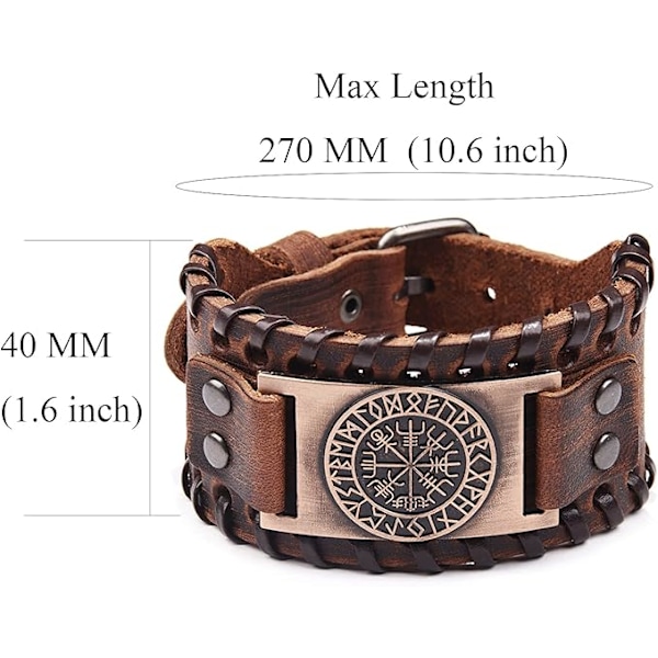Brunt Vikingarmband - Justerbart Nordisk Kompass Amulettarmband, Hedniskt Keltiskt Talisman Smycke, 18 till 22,5 cm, Läder