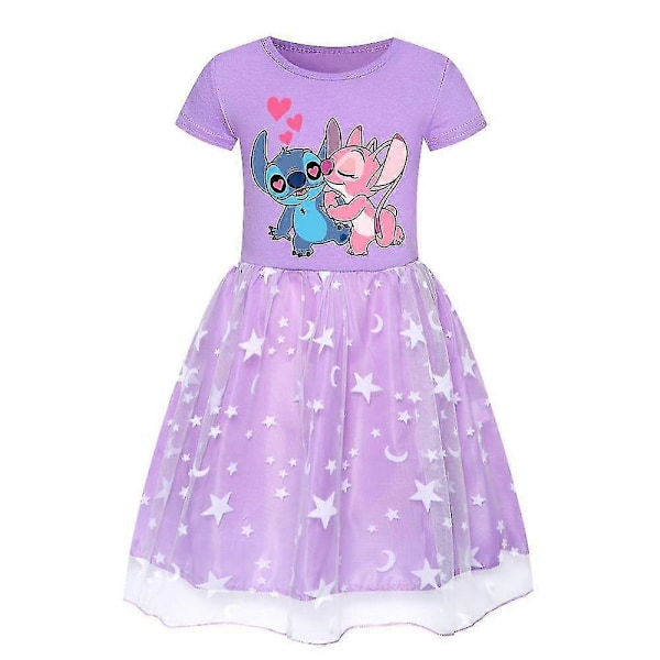Jenter Lilo & Stitch Tegneserie Trykk Kjole Tyll Skjørt Bursdagsfest Cosplay Kostyme Purple 3-4 Years