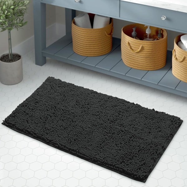 Badeværelsesmåtte - Ekstra Blød Plys Badeværelsesmåtte til Bad og Brusebad, Chenille Mikrofiber Materiale, Super Absorberende Luv Badeværelsesmåtte (40x60cm, Sort)