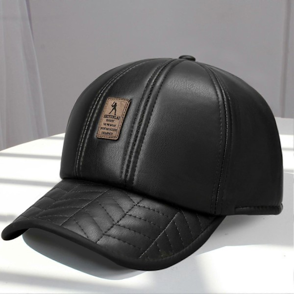 Höst Vinter Skärmmössa Faux Läder Vindtät Förtjockad Plysch Enfärgad Kupol Mjuk Varm Lång Skärm Halkfri Medelålders Herr Baseballkeps Black