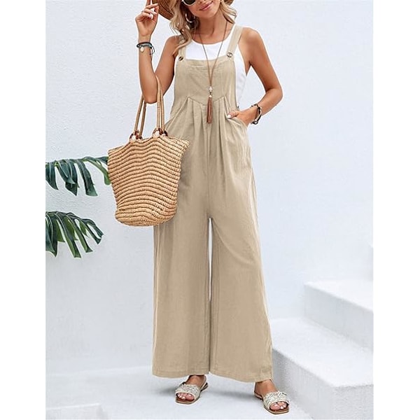 Linnedbukser til kvinder UK Wide Leg Jumpsuit med lomme Loose Fit Playsuits Sommer Boho Romper Ærmeløs Stroptop Overalls Khaki
