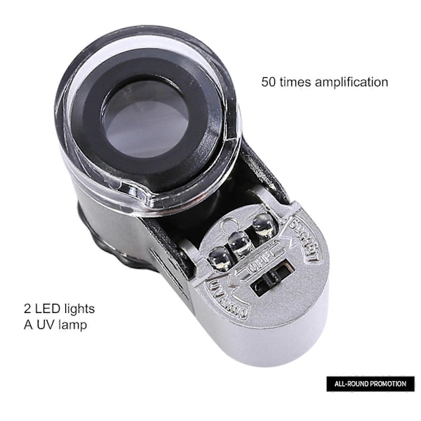 50X Mini Portabel LED UV-lins Smycken Valuta Kontroll Mikroskop Lupp Förstoringsglas JIKAIX