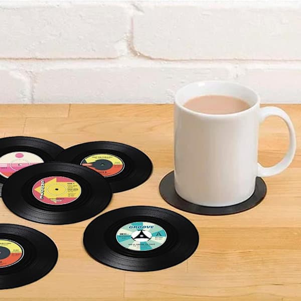 4-pak Vinyl Plade Coasters - Sort, Retro Coasters til Bordbeskyttelse