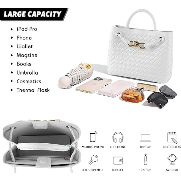 Vävd damväska, Vävd väska med handtag, Vävd axelväska, Crossbody-väska Blanco