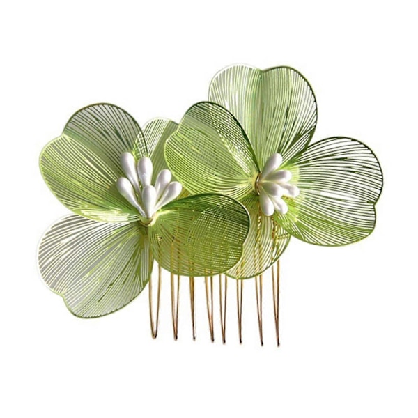 Brudkam med blomsterdekor i koreansk stil, halkfri design, hårklämma, retro bröllopshåraccessoar Green