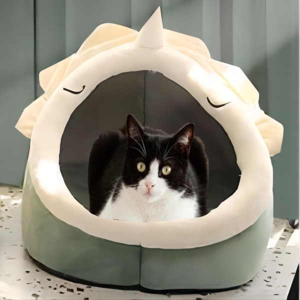 Kattbäddar för inomhuskatter Semi Enclosed Cat Nest Söt dinosaurieformad katt tält säng Katt hus Små hundsängar Lämplig för små husdjurssängar Grön