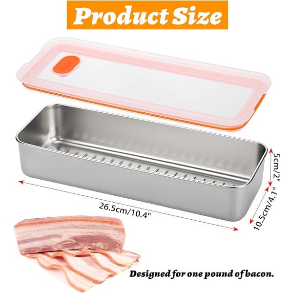 Baconbeholder med låg, 304 rustfrit stål kødboks, stabelbare madopbevaringsbeholdere, køleskabsarrangør til bacon, ost, kød