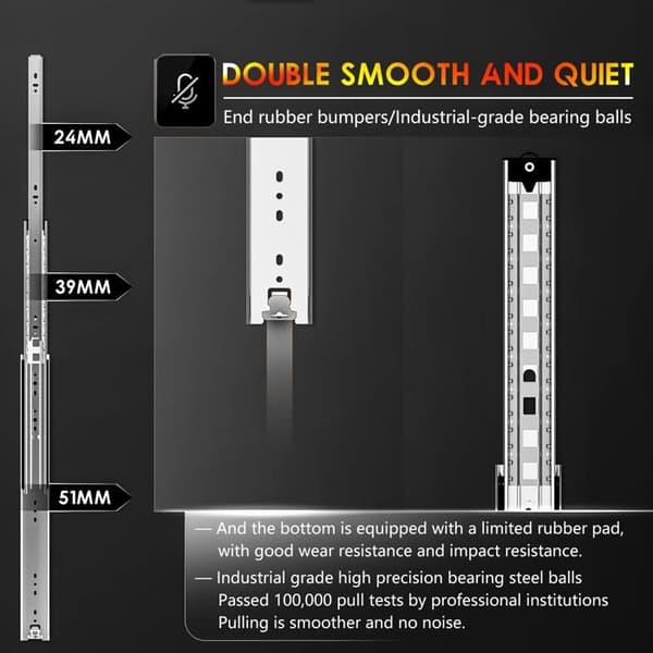 Kraftige skuffeskinner 500 mm – par, 68 kg kapacitet, sidemontering, uden lås