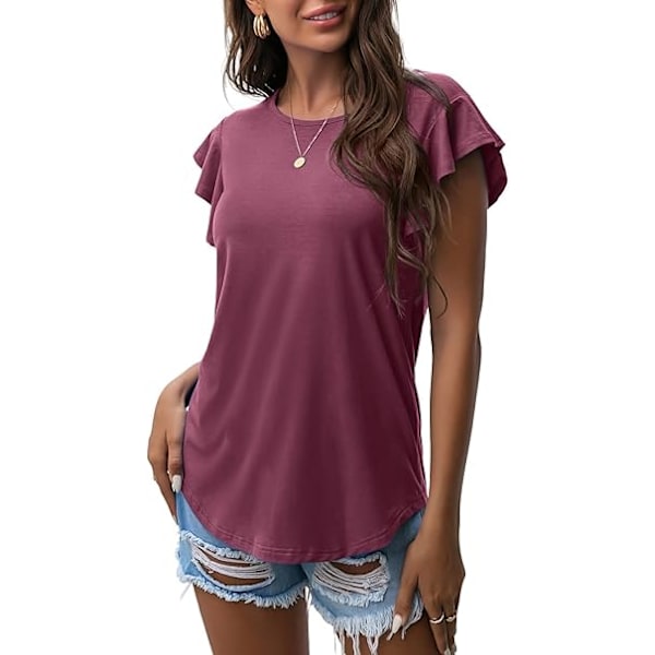 Sommer Toppe Strikkede Skjorter Casual Flæse Kortærmet Top Rund Hals Tunika Tanktoppe T-shirt Bluse til Kvinder Purple Red