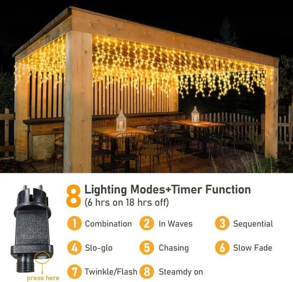 Utendørs julegardinlys, 5M 200 LED sammenkoblingsbare utendørs lyslenker, 8 energisparende moduser - Varmhvit